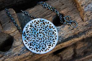 Sterling silver hand cut mandala style necklace