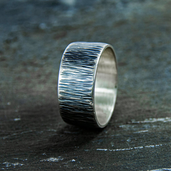 Unisex sterling silver ring with bark texture