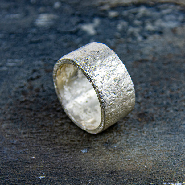 textured silver wide band ring